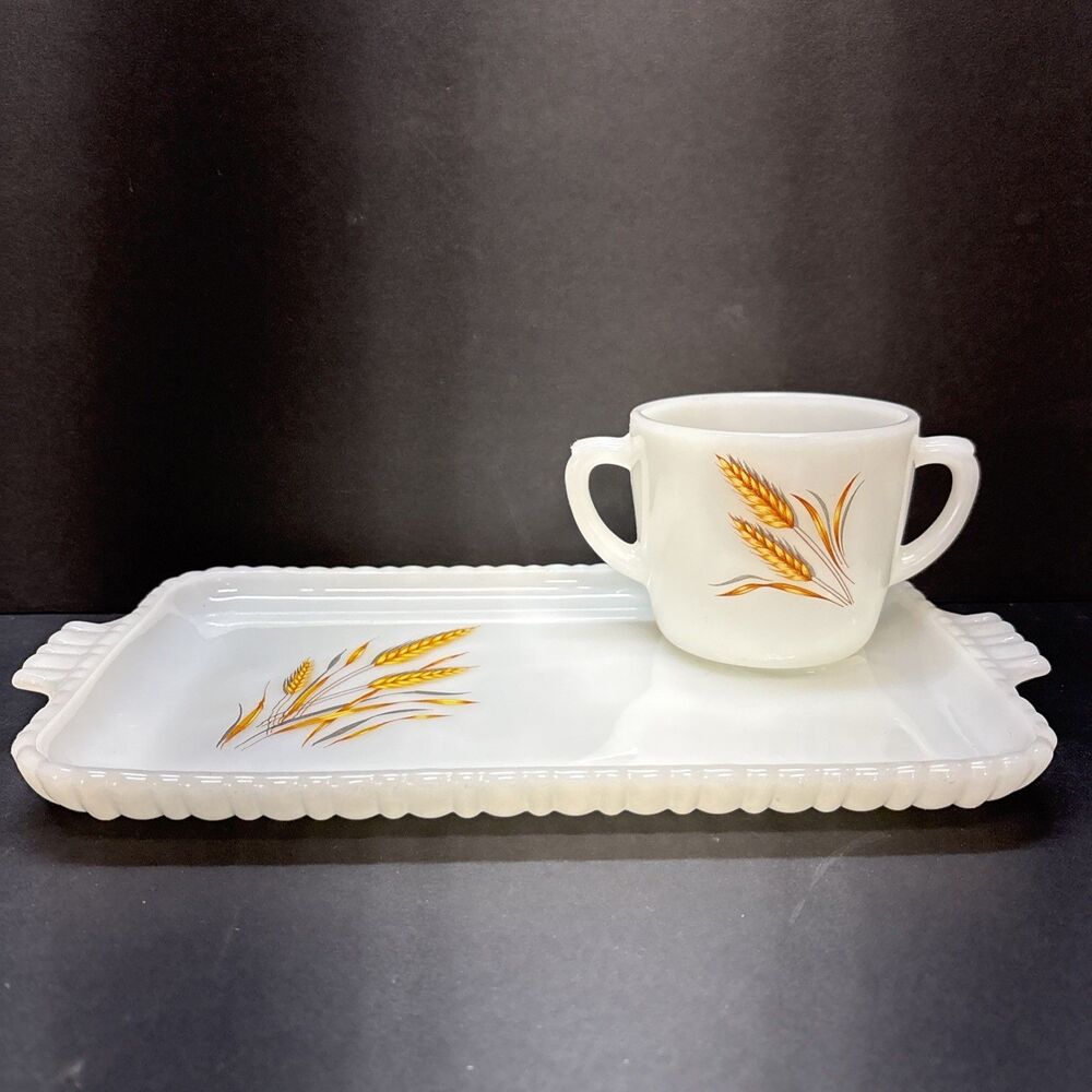 Vintage Anchor Hocking rectangle snack tray with cups milk glass wheat